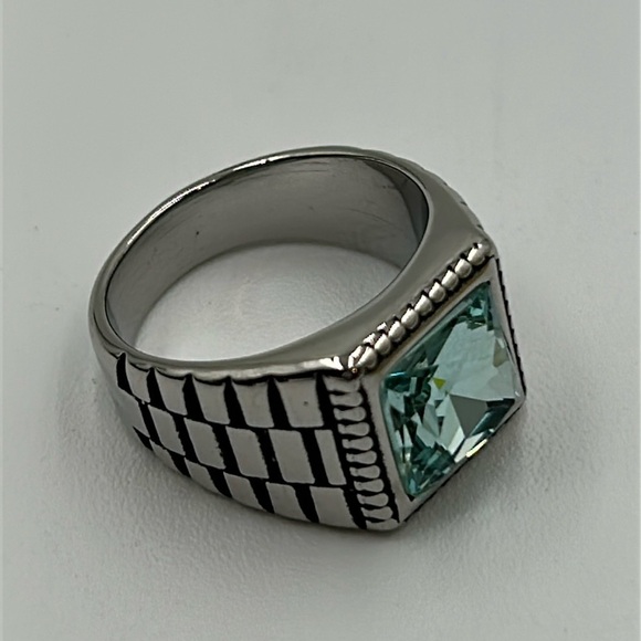 640- Aqua Cubic Zirconia Handmade Men's Ring Size 10 1/2 NWT - Picture 1 of 8